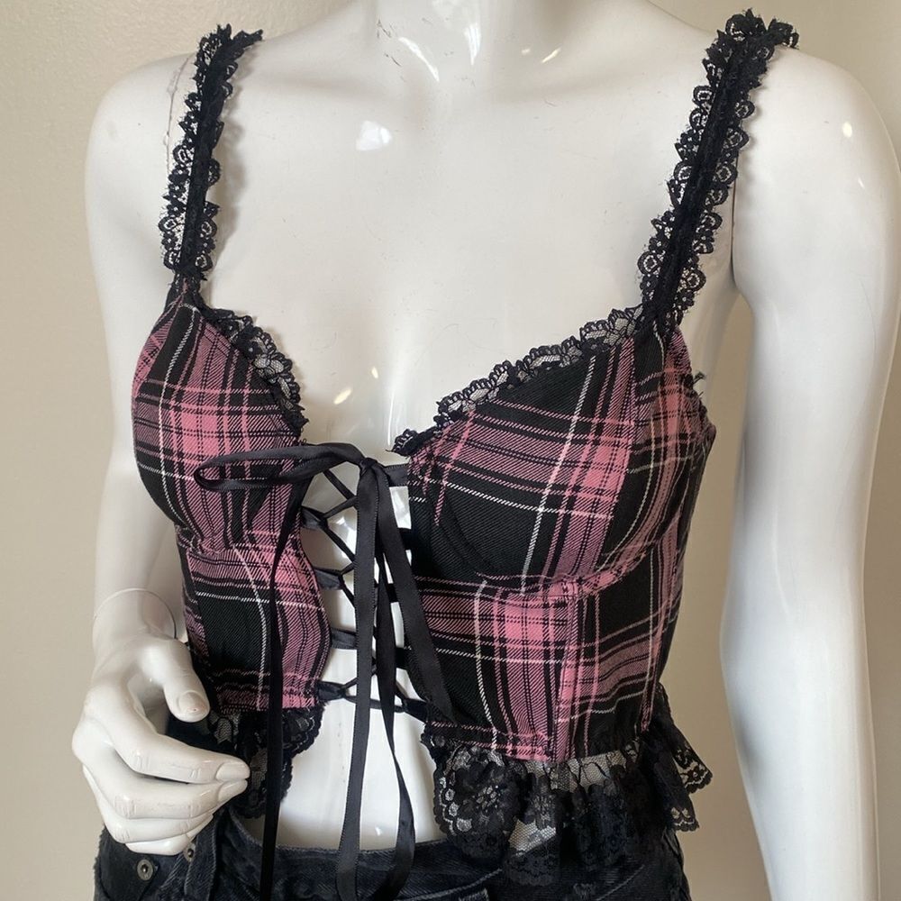 Dolls Kill Pink and Black Plaid Crop Top